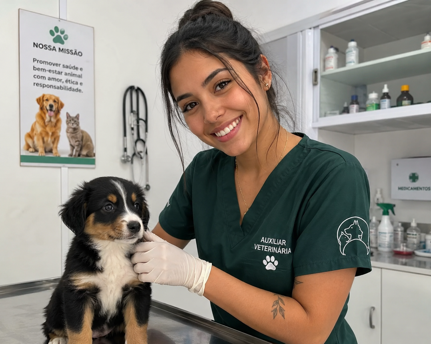 Auxiliar veterinária sorrindo segurando filhote